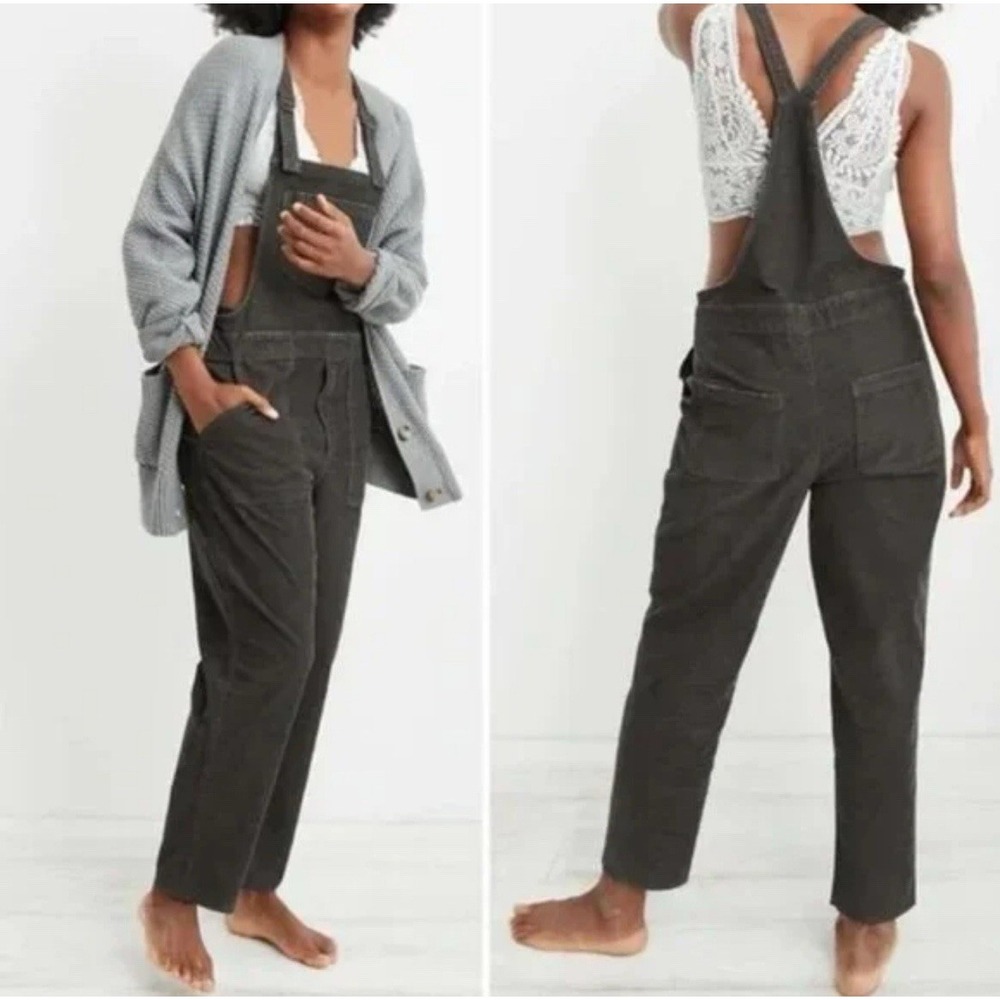 Aerie Werk And Play Corduroy Overalls L Dark Gray Raw Hem Utility Urban Grunge